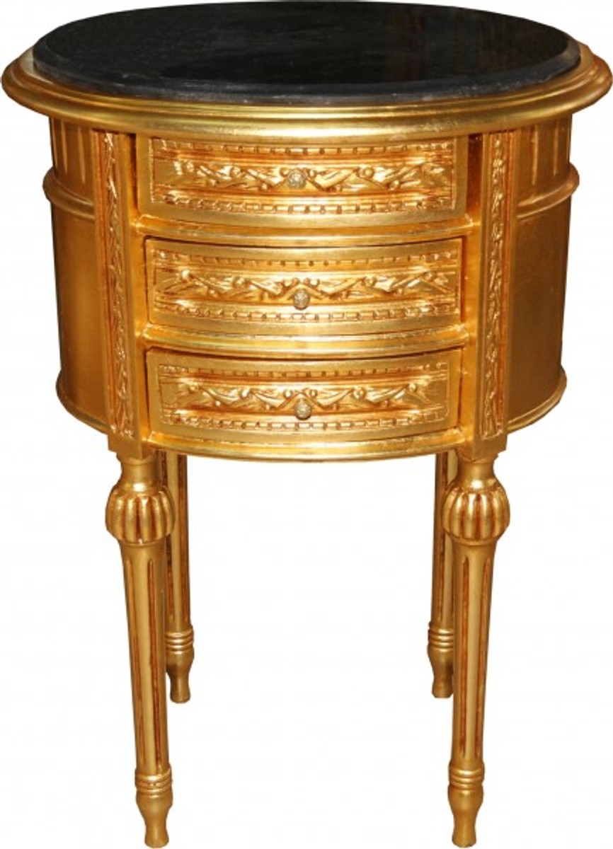Barock Kommode Gold mit schwarzer Marmorplatte H 70 cm, B 52 cm - Nachttisch Konsole