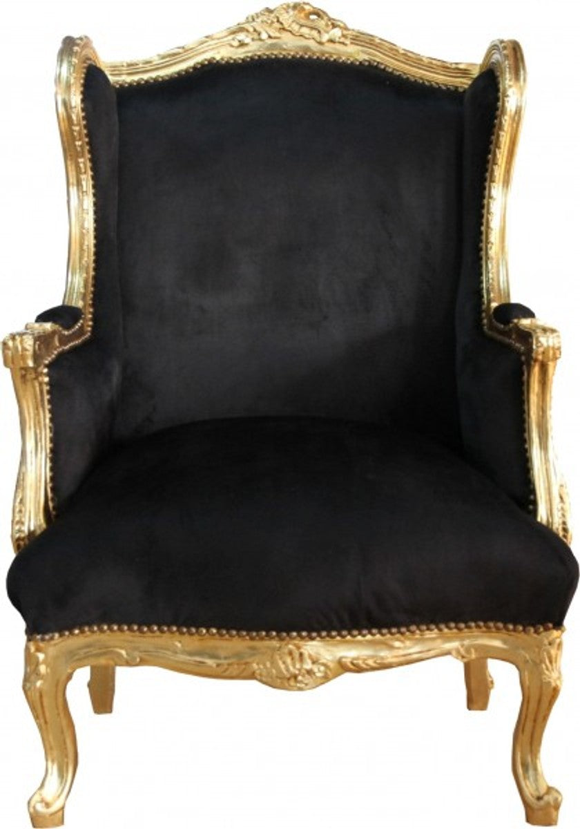 Barock Lounge Thron Sessel Schwarz/Gold Mod2 - Ohren Sessel - Ohrensessel Tron Stuhl