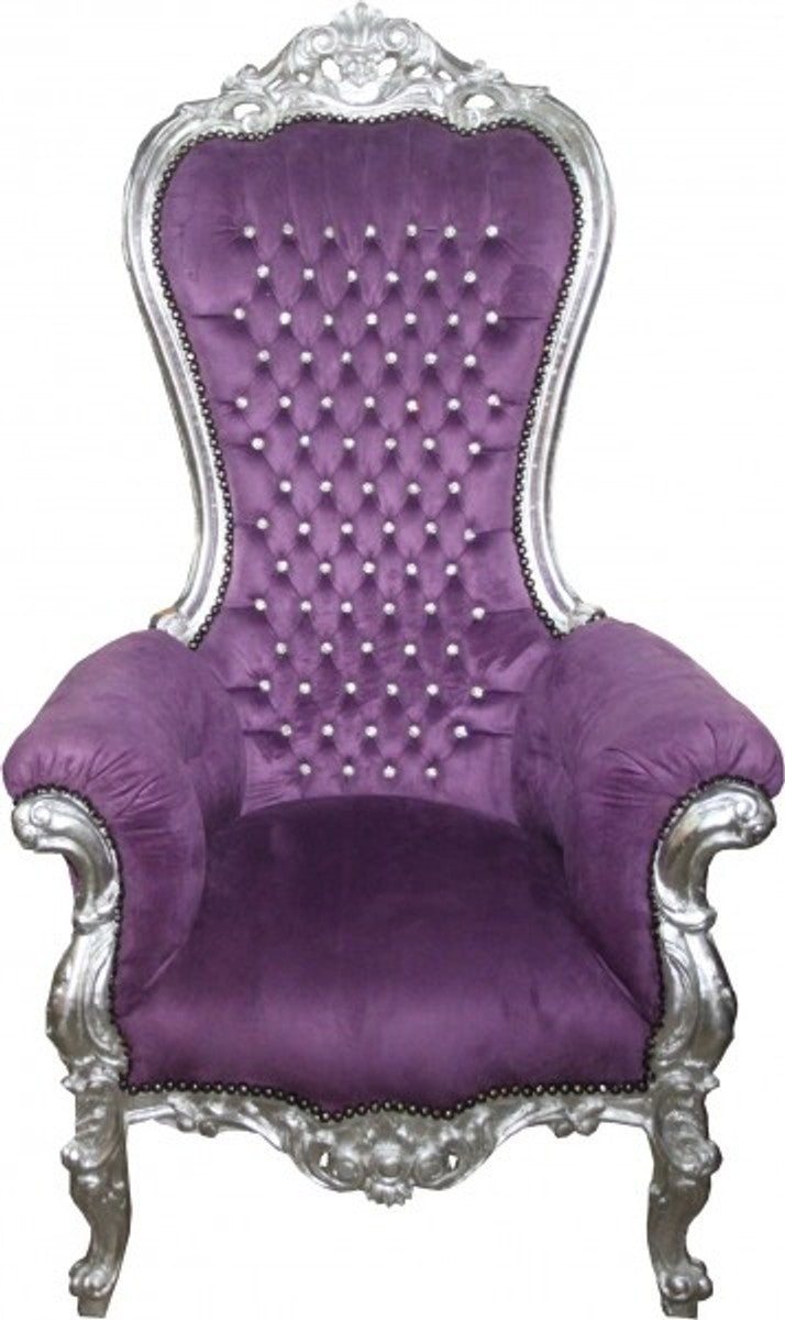 Barock Thron Sessel Majestic Medium Lila/Silber mit Bling Bling Glitzersteinen - Riesensessel - Thron Stuhl Tron