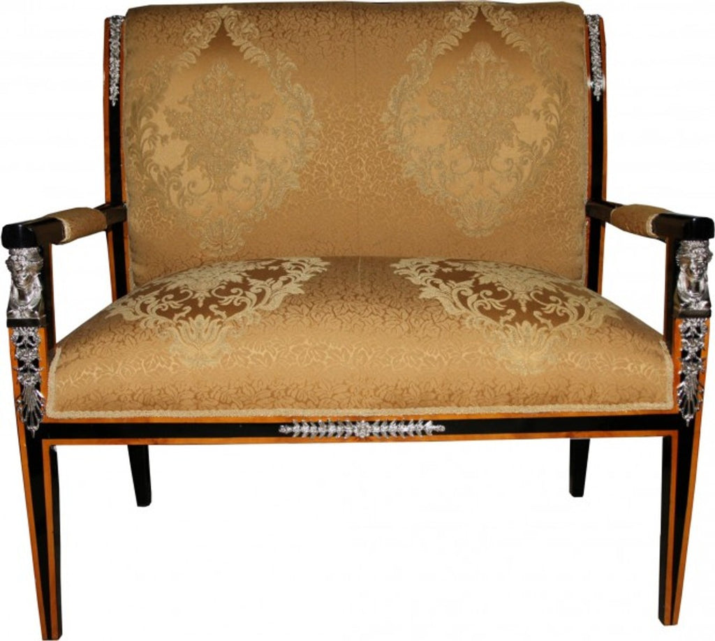 Barock Empire Salon 4-er Set Gold Muster / Schwarz / Mahagoni / Silber - Sitzbank + 2 Sessel + Couchtisch