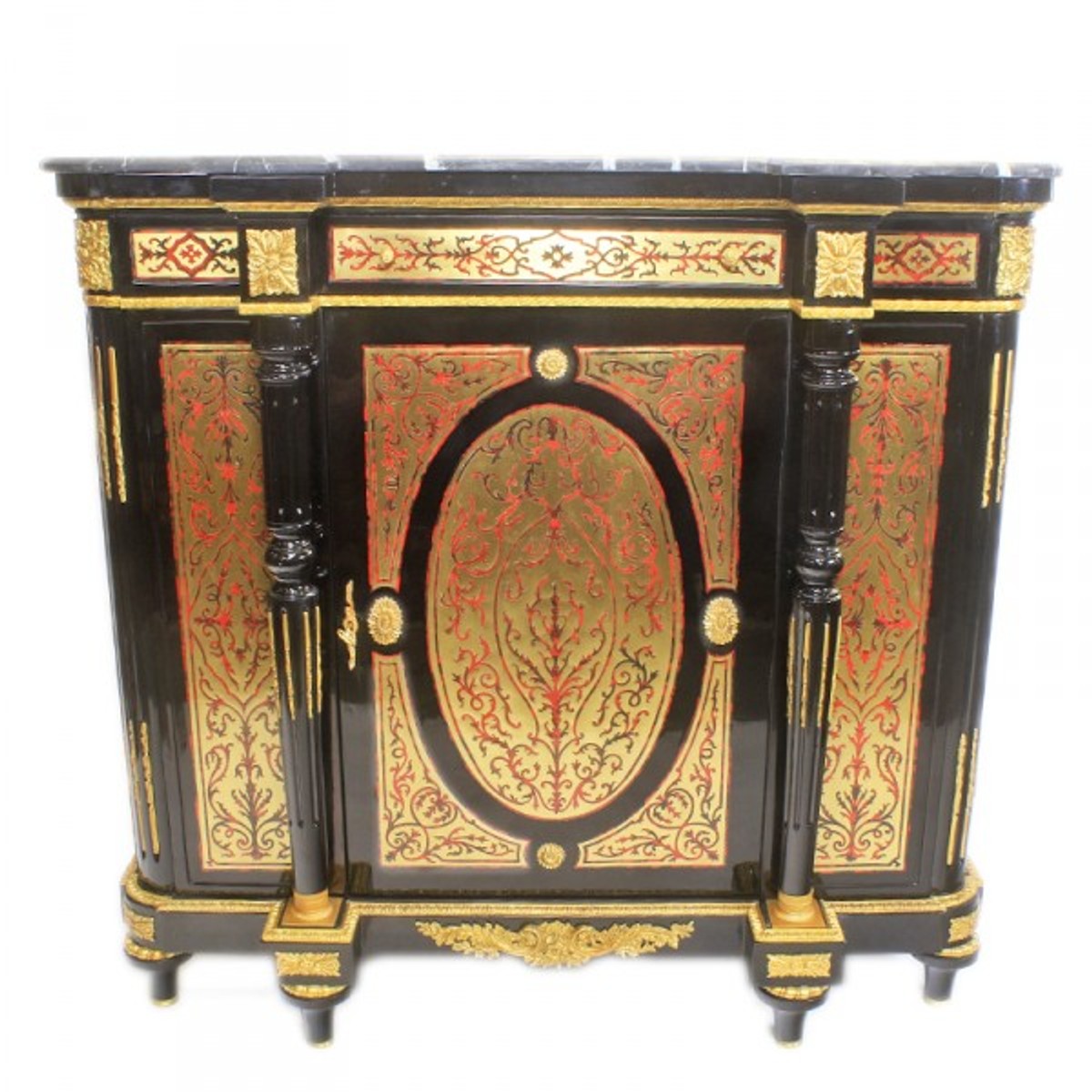 Barock Boulle Kommode Schwarz / Gold / Rot mit Marmorplatte 130 cm - Möbel Schrank Sideboard
