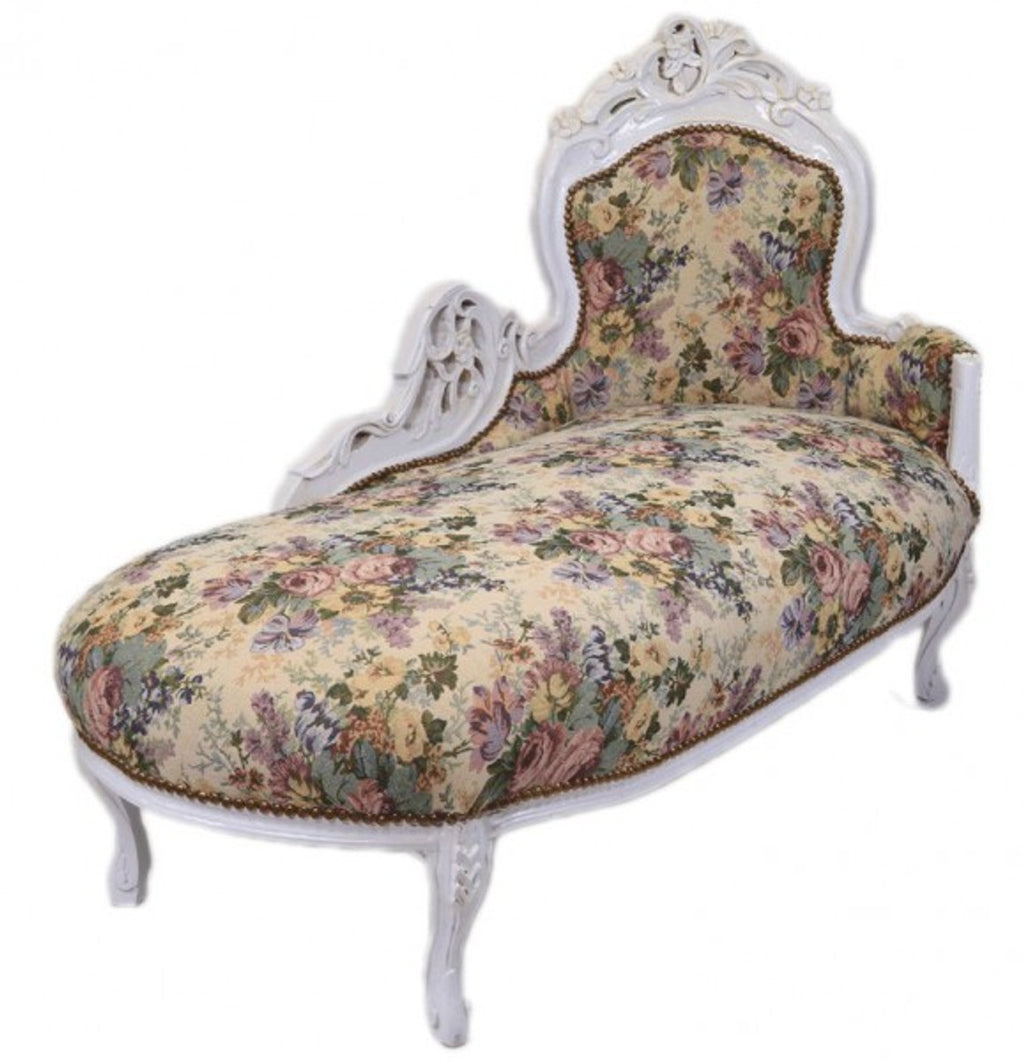 Barock Chaiselongue Blumenmuster / Antik Weiß - Möbel Lounge Liege Recamiere