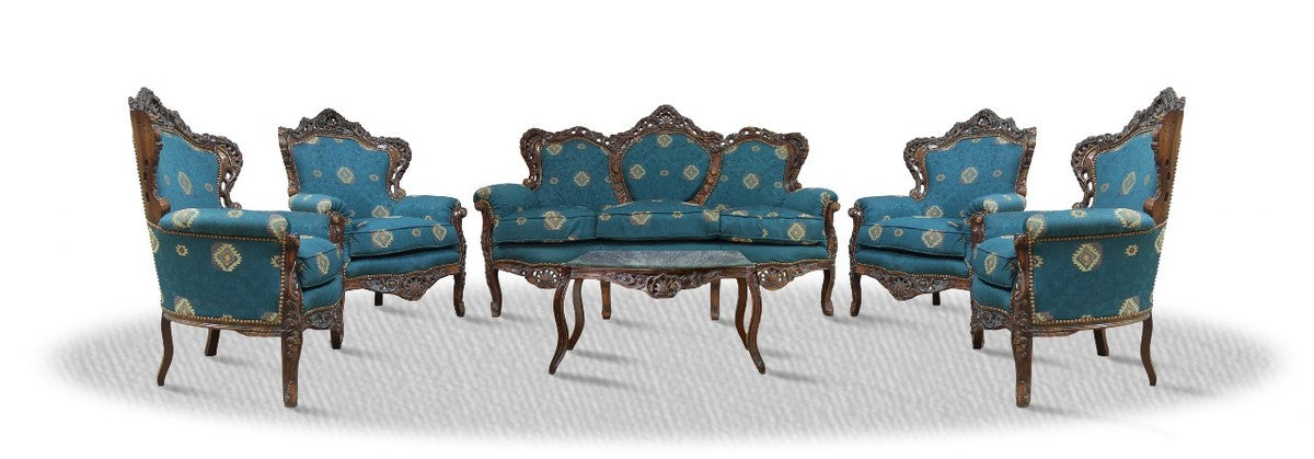Barock Sofa Set 3er Sofa 4 Sessel und Tisch mit Glasplatte - Antik Möbel