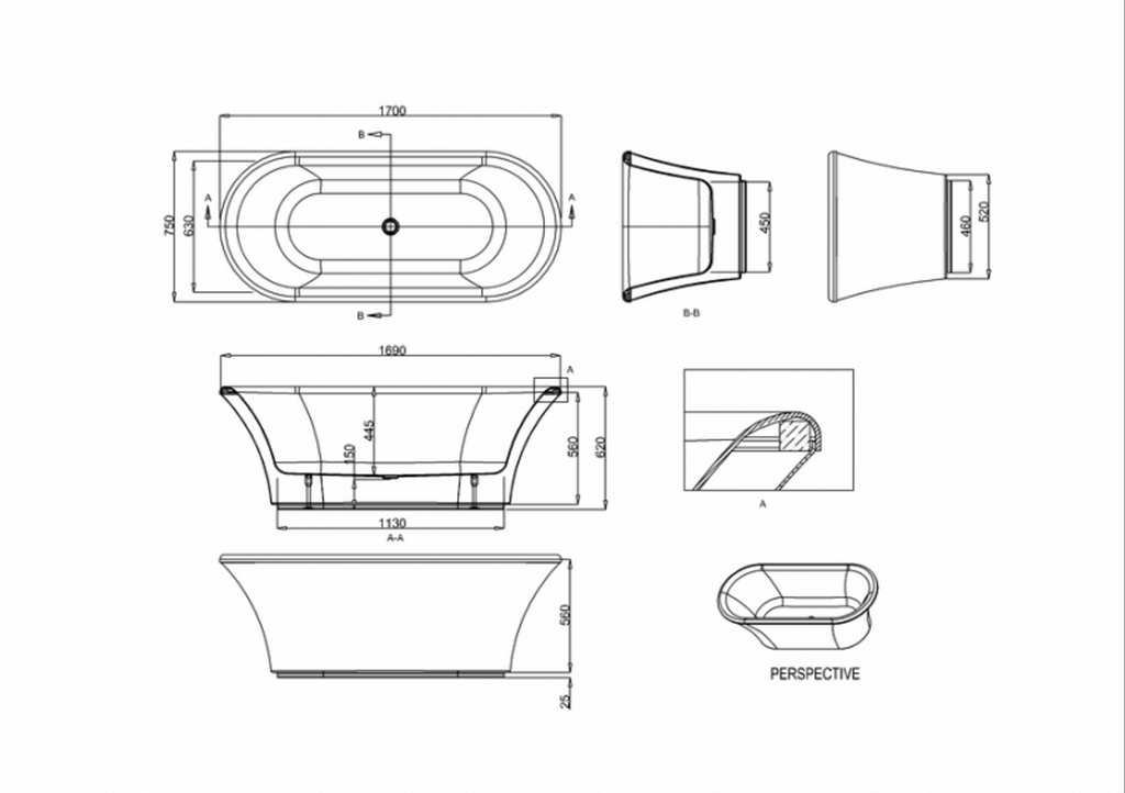 Badewanne freistehend 1700mm BBri - Freistehende Retro Antik Badewanne