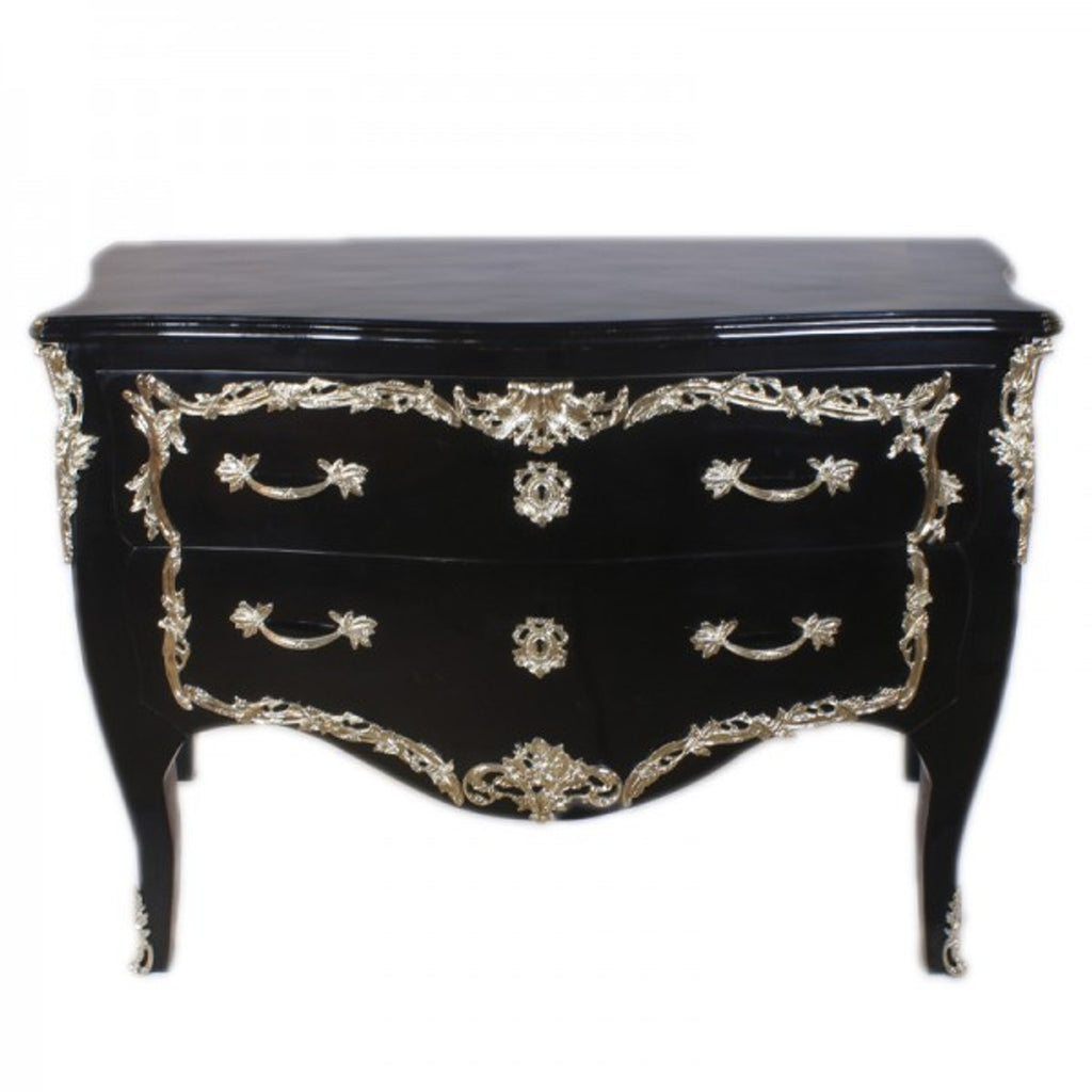 Barock Kommode Schwarz Hochglanz / Silber 130 cm - Handgefertigt aus Massivholz