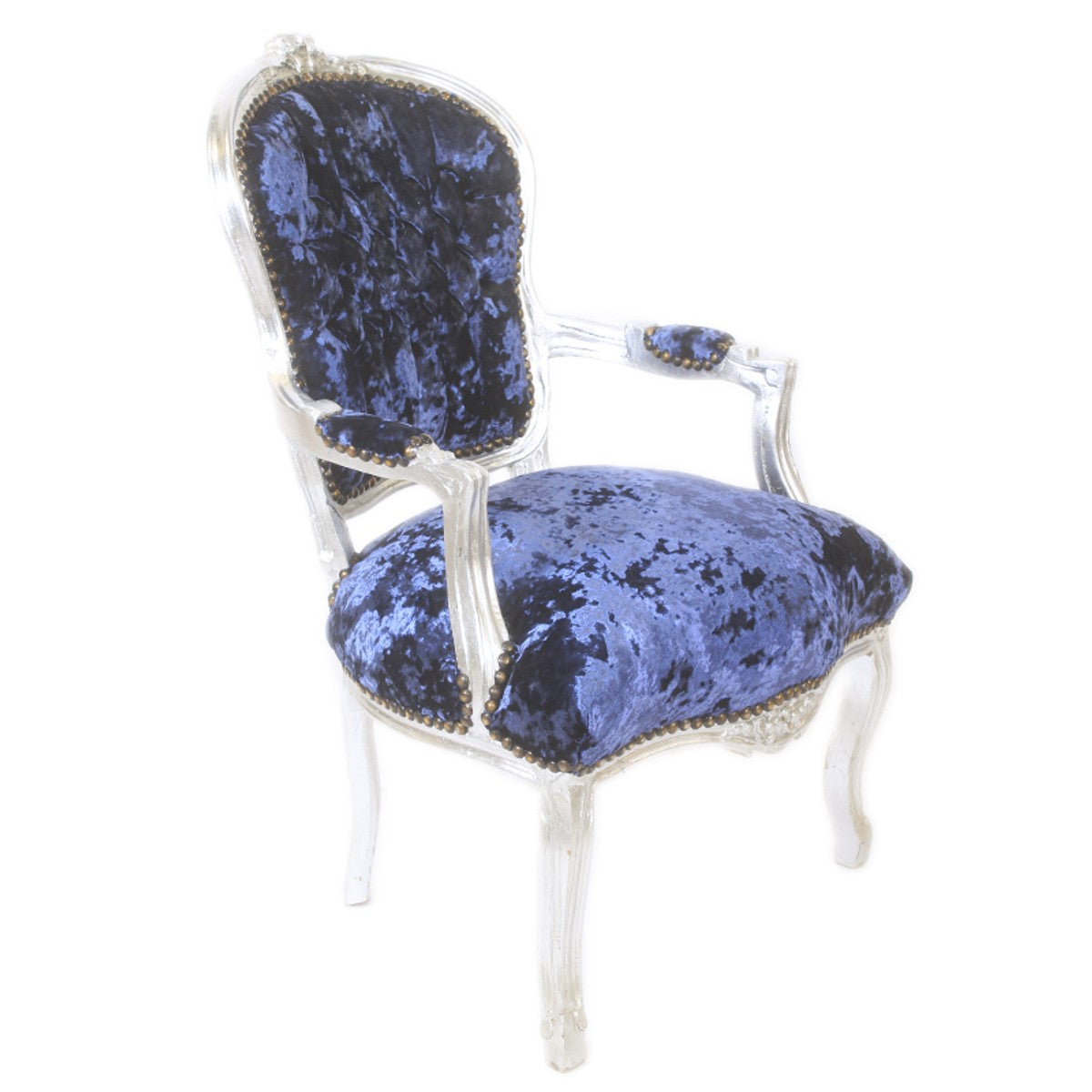 Barock Salon Stuhl Royalblau Velour Stoff / Silber - Antik Design Möbel