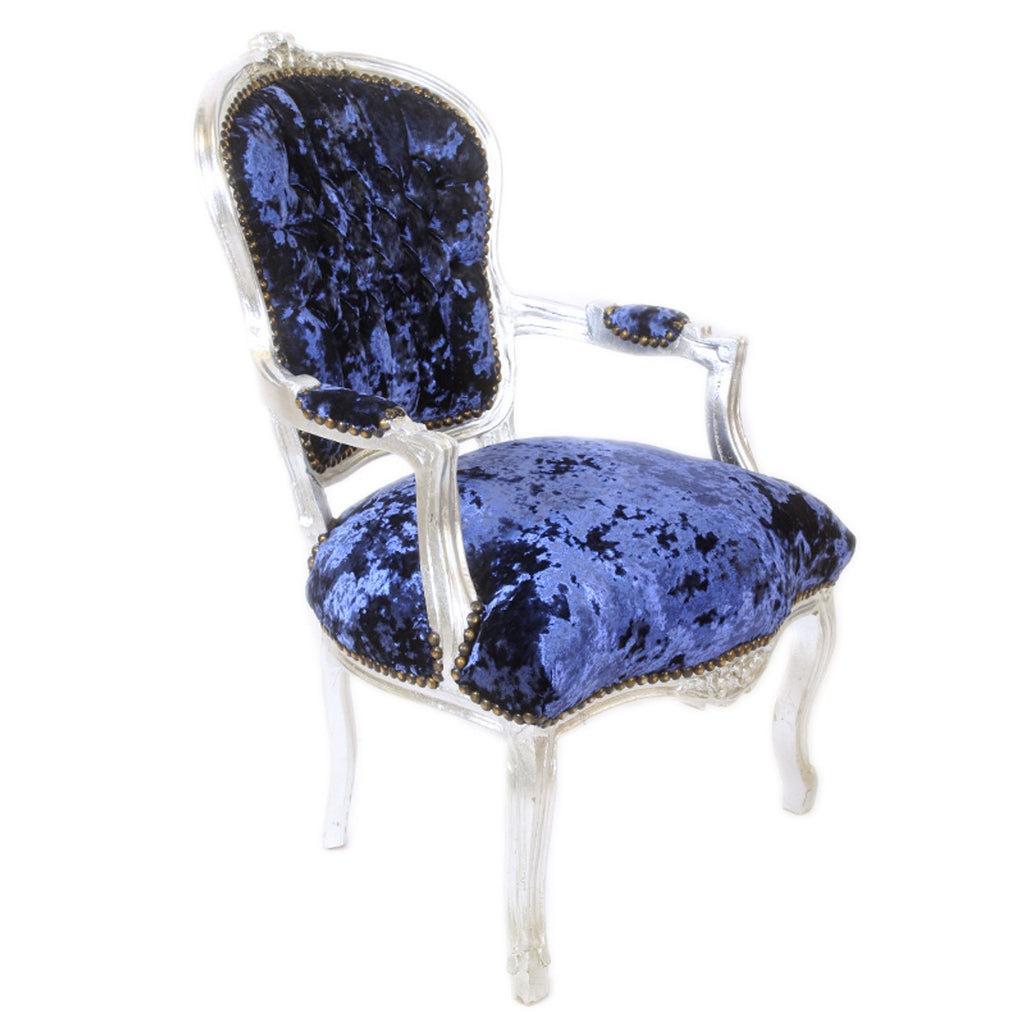 Barock Salon Stuhl Royalblau Velour Stoff / Silber - Antik Design Möbel