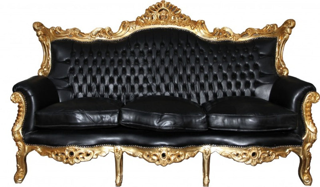 Barock 3er Sofa Master Schwarz / Gold Lederoptik Mod2 - Limited Edition - Wohnzimmer Couch Möbel Lounge
