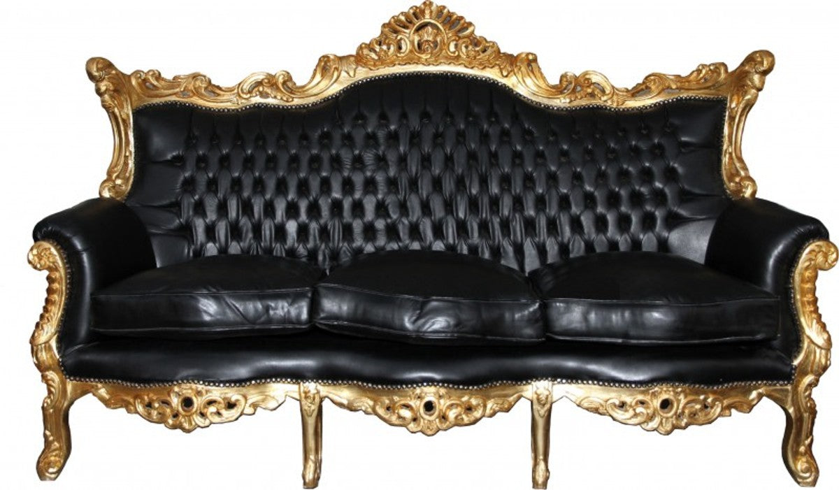 Barock 3er Sofa Master Schwarz / Gold Lederoptik Mod2 - Limited Edition - Wohnzimmer Couch Möbel Lounge