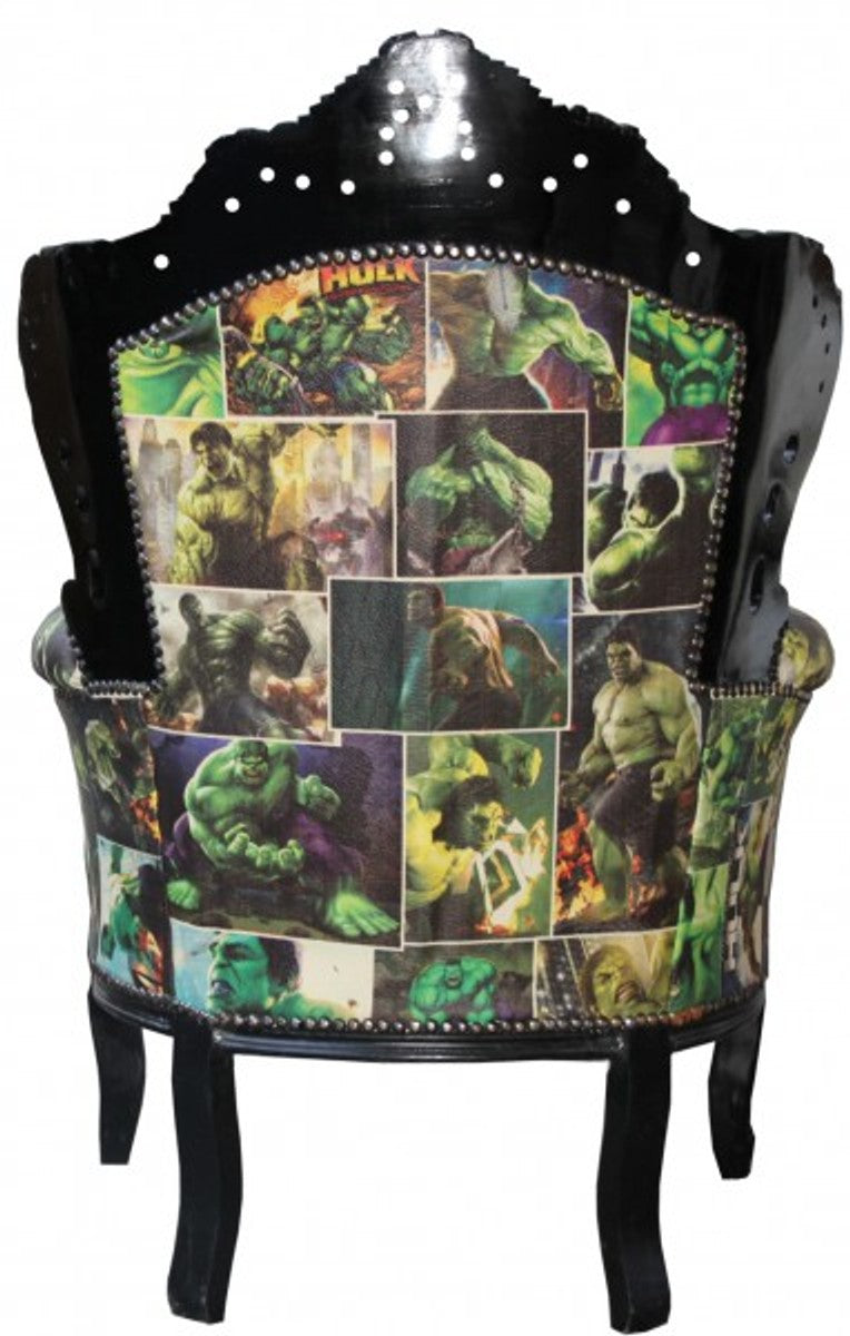 Barock Sessel King Comic Design / Schwarz Lederoptik Möbel Antik Stil - Limited Edition!