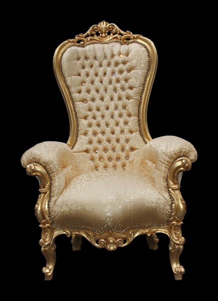 Barock Thron Sessel Majestic Medium Gold Muster / Gold mit Bling Bling Glitzersteinen - Riesensessel - Thron Stuhl Tron
