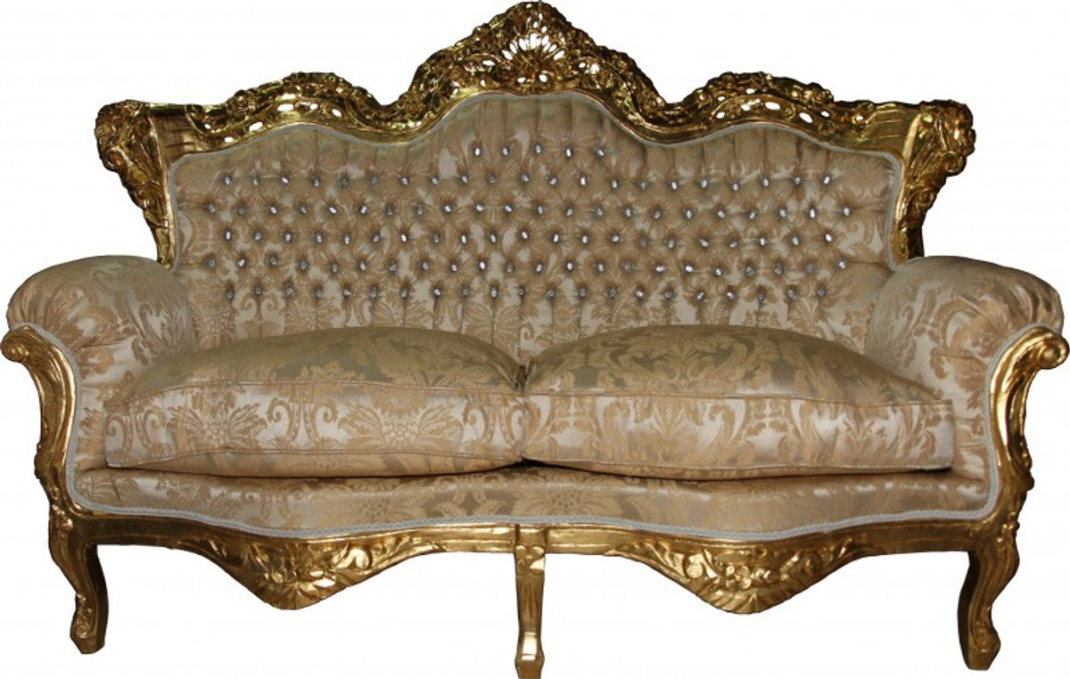 Barock 2-er Sofa Master Creme Barock Muster/ Gold mit Bling Bling Glitzersteinen Mod3 - Wohnzimmer Couch Möbel Lounge